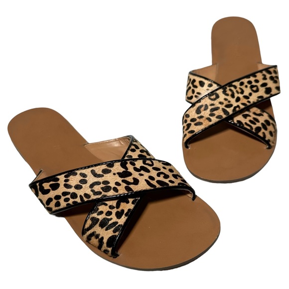 J. Crew Sandals 7 Seaside Crisscross Leopard Pony Hair Leather E8847 - Picture 2 of 11